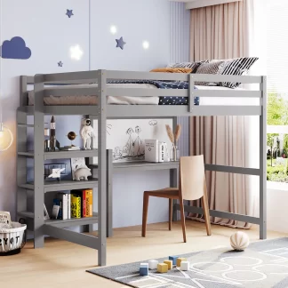 Kumix Loft Bed Full Size with Desk, Wood Loft Bed with Writing Board, Shelves Full Length Guardrail, Ladder for Kids Teens Adults, Heavy Duty Loft Bed Frame for Bedroom, Noise-Free, Gray