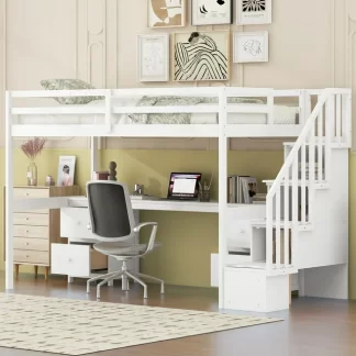 Kumix Loft Bed Twin Size with Desk, Wood Loft Bed with Storage Staircase, Drawers, Full Length Guardrail for Kids Teens Adults, Space-Saving Loft Bed for Bedroom, Dorm, Noise-Free, White