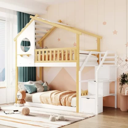 Kumix House Bunk Bed for Kids, Twin over Twin Bunk Bed with Storage Staircase, Full Length Guardrail and Ladder for Boys/Girls, Wood Bunk Beds for Kids Bedroom, 2 in 1 Bunk Beds, Natural+White