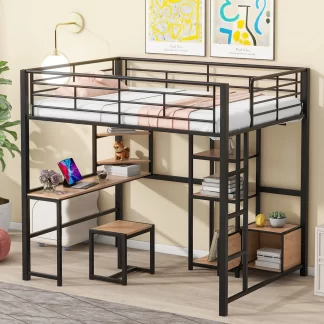 Kumix Full Size Loft Bed with Desk and Stool, Metal Loft Bed with Open-Style Wardrobe, Shelves and Cabinet for Kids Teens Adults, Space-Saving Loft Bed with Guardrail and Ladder for Bedroom, Black