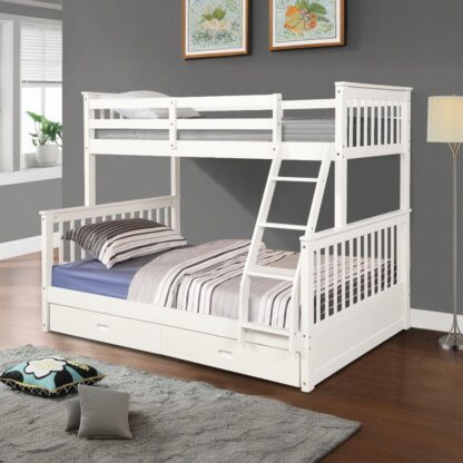 Kumix Bunk Bed with Drawers, Twin over Full Bunk Bed for Kids Teens with Full Length Guardrail and Ladder, Wood Bunk Bed Frame Able to Split, Noise-Free, No Box Spring Needed, White