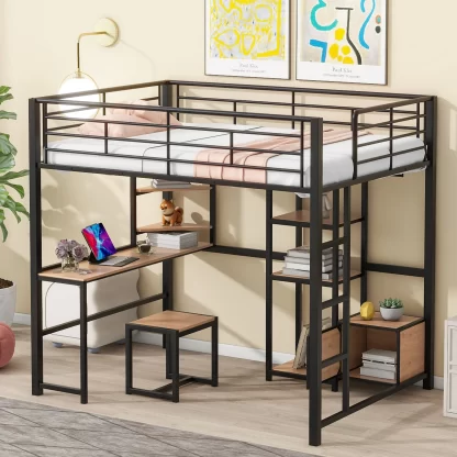 Kumix Full Size Loft Bed with Desk and Stool, Metal Loft Bed with Open-Style Wardrobe, Shelves and Cabinet for Kids Teens Adults, Space-Saving Loft Bed with Guardrail and Ladder for Bedroom, Black