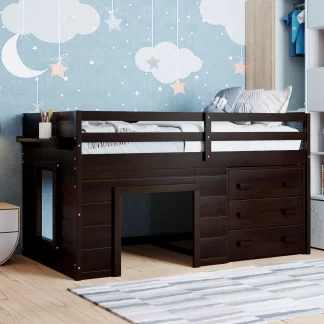Kumix Loft Bed Twin Size, Wood Loft Bed with Drawers, Shelf, Full Length Guardrail and Ladder for Kids Teens Adults, Space-Saving, Spacious Under Bed Space, Noise-Free, Easy Assembly, Espresso