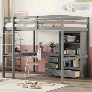 Kumix Loft Bed Full Size with Desk, Wood Loft Bed with Storage Shelves and Drawers, Safety Guardrails Built-in Ladder for Kids Teens Adults, High Loft Bed for Bedroom, Noise-Free, Gray