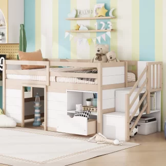 Kumix Loft Bed Twin Size, Low Loft Bed with Drawer, Shelf, Stair Full Length Guardrail for Kids Teens Adults, Noise-Free Loft Bed Frame for Bedroom, Spacious Under Bed Space, White+Cream