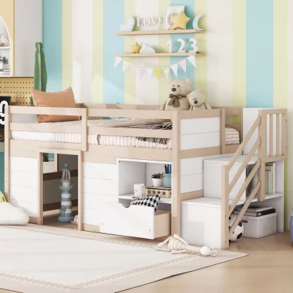 Kumix Loft Bed Twin Size, Low Loft Bed with Drawer, Shelf, Stair Full Length Guardrail for Kids Teens Adults, Noise-Free Loft Bed Frame for Bedroom, Spacious Under Bed Space, White+Cream