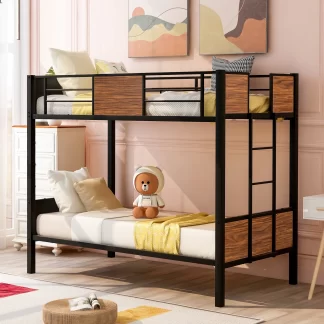 Kumix Bunk Bed Twin over Twin, Metal Bunk Bed with Safety Rail, Built-in Ladder for Kids Teens Adults, Space-Saving Bunk Bed for Bedroom, Dom, Noise-Free, No Box Spring Needed, Black+Brown