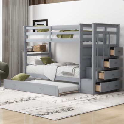 Kumix Bunk Bed with Trundle, Twin over Twin Bunk Bed with Staircase, Drawers and Full Length Guardrail for Kids Teens Adults, Wood Bunk Bed Frame for Bedroom, Dorm, Noise-Free, Grey