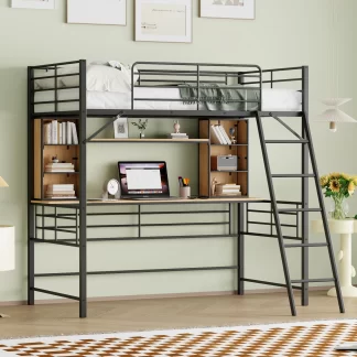 Kumix Loft Bed Twin Size, Metal Loft Bed with Desk and Shelves for Kids, Teens, Adults, Heavy-Duty Loft Bed with Full Length Guardrail and Ladder for Bedroom, Space-Saving, Noise-Free, Black