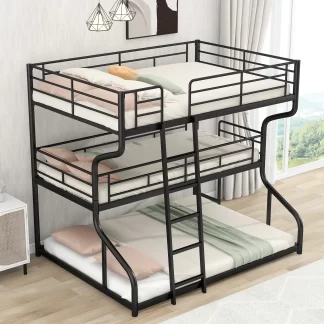 Kumix Triple Bunk Bed, Full XL over Twin XL over Queen Size Triple Bed with Long and Short Ladder and Safety Guardrail with Kids, Teens, 3 in 1 Metal Bunk Bed for Bedroom, Noise Free, Black