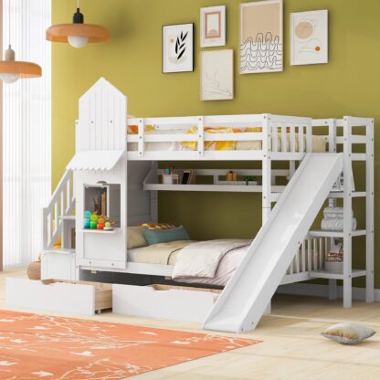 Kumix Twin over Twin Bunk Bed with Slide, Castle Style Bunk Bed with 2 Drawers 3 Shelves, Full Length Guardrail and Storage Staircase for Kids Teens Adults, Wood Bunk Bed for Bedroom, White