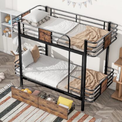 Kumix Twin XL over Twin XL Bunk Bed with Drawers, Metal Bunk Bed with MDF Board Guardrail and Build-in Ladder for Kids Teens Adults, Heavy Duty Bunk Bed Frame for Bedroom, Space-Saving, Black