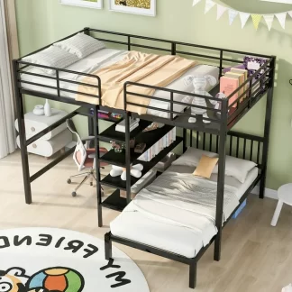 Kumix Metal Bunk Bed with Desk, Full over Twin Bunk Bed with Shelves, Full Length Guardrail and Ladder for Kids Teens Adults, Heavy Duty Bunk Bed for Bedroom, Dom, Space-Saving, Black