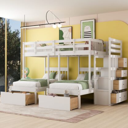 Kumix Triple Bunk Bed, Full over Twin and Twin Bunk Bed with Drawers and Safety Guardrails and Stair with Drawers for Kids Teens Adults, Wood Bunk Bed Frame for Bedroom, 3 in 1 Bunk Bed, White