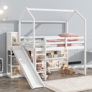 Kumix Twin Size Loft bed with Slide, House Loft Bed with Light, Storage Shelves, Full Length Guardrail and Ladder for Kids Teens, Wood Loft Bed Frame for Bedroom, Dorm, Noise-Free, White