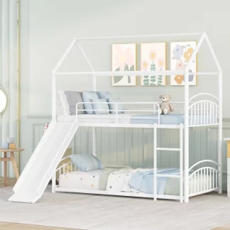 Kumix Bunk Bed With Slide, Twin over Twin Bunk Bed for Kids Teens Boys and Girls with Safety Guardrail and Ladder, House Bed Able to Split, Metal Bunk Bed Frame for Bedroom, Noise-Free, White