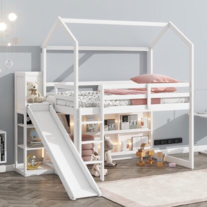 Kumix Twin Size Loft bed with Slide, House Loft Bed with Light, Storage Shelves, Full Length Guardrail and Ladder for Kids Teens, Wood Loft Bed Frame for Bedroom, Dorm, Noise-Free, White