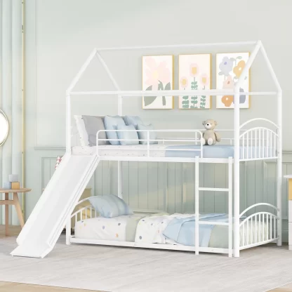 Kumix Bunk Bed With Slide, Twin over Twin Bunk Bed for Kids Teens Boys and Girls with Safety Guardrail and Ladder, House Bed Able to Split, Metal Bunk Bed Frame for Bedroom, Noise-Free, White