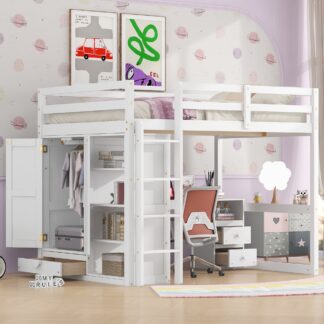 Kumix Loft Bed Full Size with Desk, Wood Loft Bed with Built-in Wardrobe, Safety Guardrail, Ladder, Storage Shelves and Drawers for Kids Teens Adults, Space-Saving Loft Bed Frame for Bedroom, White