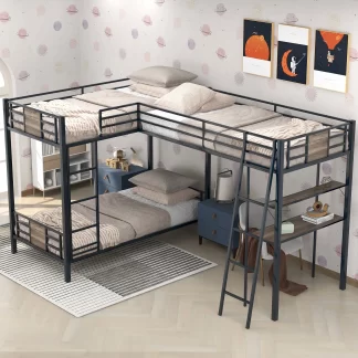 Kumix Twin over Twin Bunk Bed with Twin Size Loft Bed, L-Shaped Bunk Bed with Desk and Shelf for 3 Kids Teens Adults, 3 in 1 Metal Beds, Multi Functional Beds for Bedroom, Space-Saving, Black