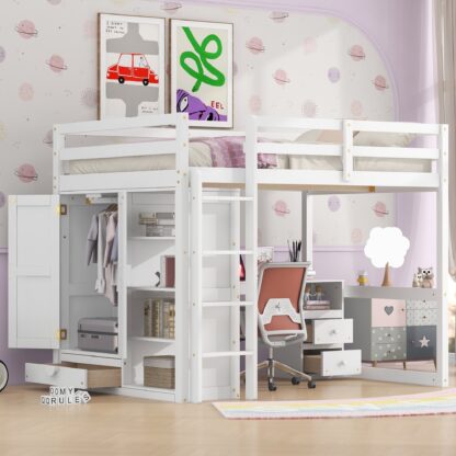 Kumix Loft Bed Full Size with Desk, Wood Loft Bed with Built-in Wardrobe, Safety Guardrail, Ladder, Storage Shelves and Drawers for Kids Teens Adults, Space-Saving Loft Bed Frame for Bedroom, White