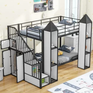 Kumix Bunk Bed with Wardrobe and Stairs, Metal Twin over Twin Bunk Bed Frame with Storage Shelves, Full Length Guardrail for Kids Teens, Castle-Shaped Bunk Bed for Bedroom, Space-Saving, Black