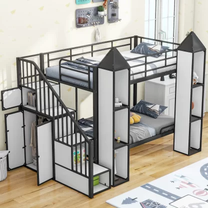 Kumix Bunk Bed with Wardrobe and Stairs, Metal Twin over Twin Bunk Bed Frame with Storage Shelves, Full Length Guardrail for Kids Teens, Castle-Shaped Bunk Bed for Bedroom, Space-Saving, Black