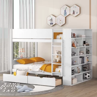 Kumix Full over Full Bunk Bed, Wood Bunk Bed with Drawers and Multi-layer Cabinet for Kids Teens, Space-Saving Bunk Bed with Full Length Guardrail and Ladder, 2 in 1 Bunk Bed, Noise-Free, White