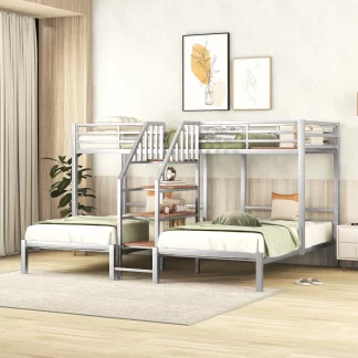Kumix Triple Bunk Bed, Metal Twin over Twin and Twin Bunk Bed with Storage Stairs, Full-Length Guardrail, 3 Beds in 1 Bunk Beds for 3 Kids Teens, Noise Free, No Box Spring Needed, Gray