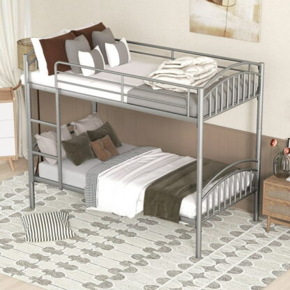 Kumix Metal Bunk Bed, Twin over Twin Bunk Bed for Kids, Teens, Adults, Heavy Duty Bunk Bed with Safety Guardrail and Build-in Ladder, Twin Bunk Bed Can Divided into 2 Beds, Silver