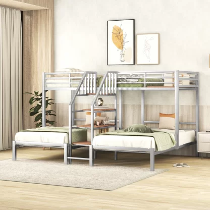 Kumix Triple Bunk Bed, Metal Twin over Twin and Twin Bunk Bed with Storage Stairs, Full-Length Guardrail, 3 Beds in 1 Bunk Beds for 3 Kids Teens, Noise Free, No Box Spring Needed, Gray