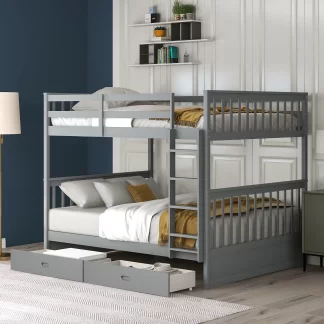 Kumix Bunk Bed with Drawers, Full over Full Bunk Bed with Full Length Guardrail and Build-in Ladder for Kids Teens Adults, Wood Bunk Bed Able to Split, 2 in 1 Bunk Beds, Noise-Free, Grey