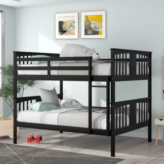 Kumix Full over Full Bunk Bed, Wood Bunk Bed with Full Length Guardrail and Build-in Ladder for Kids Teens Adults, Heavy Duty Bunk Bed Able to Split, 2 in 1 Bunk Beds, Noise-Free, Espresso