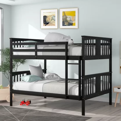 Kumix Full over Full Bunk Bed, Wood Bunk Bed with Full Length Guardrail and Build-in Ladder for Kids Teens Adults, Heavy Duty Bunk Bed Able to Split, 2 in 1 Bunk Beds, Noise-Free, Espresso