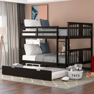 Kumix Bunk Bed with Trundle, Full over Full Bunk Bed for Kids Teens Guests with Full Length Guardrail and Ladder, Wood Bunk Bed Able to Split, Easy Assembly, 2 Bunk Bed in 1, Noise-Free, Espresso