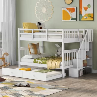 Kumix Bunk Bed with Trundle, Twin over Full Bunk Bed with Full Length Guardrail and Storage Staircase for Kids Teens Adults, Wood Bunk Bed Able to Split, with Twin Size Trundle, Noise-Free, White