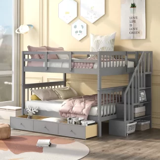 Kumix Bunk Bed with Drawers, Full over Full Bunk Bed with Shelves Full Length Guardrail and Stair for Kids Teens Adults, Wood Bunk Bed Able to Split, 2 in 1 Bunk Bed, Noise-Free, Gray