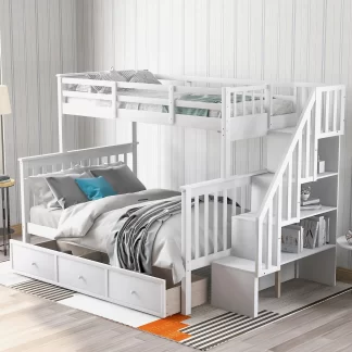 Kumix Bunk Bed with Drawers, Twin over Full Bunk Bed with Shelves, Full Length Guardrail and Stair for Kids Teens Adults, Wood Bunk Bed Able to Split, 2 in 1 Bunk Bed, Noise-Free, White