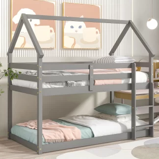 Kumix Twin over Twin Bunk Bed, House Bunk Bed with Roof Design, Safety Guardrail, Build-in Ladder for Kids Teens Adults, Wood Bunk Bed for Bedroom, Dorm, Noise-Free, Easy Assembly, Gray