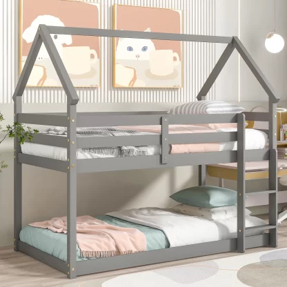 Kumix Twin over Twin Bunk Bed, House Bunk Bed with Roof Design, Safety Guardrail, Build-in Ladder for Kids Teens Adults, Wood Bunk Bed for Bedroom, Dorm, Noise-Free, Easy Assembly, Gray