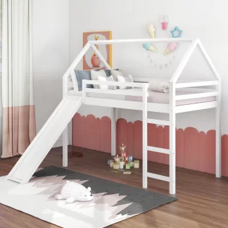Kumix Twin Loft Bed with Slide, House Bed for Kids Teens Boys/Girls with Roof Full Length Guardrail and Ladder, Wood Loft Bed for Bedroom, Dorm, Space-Saving, No Box Spring Needed, White