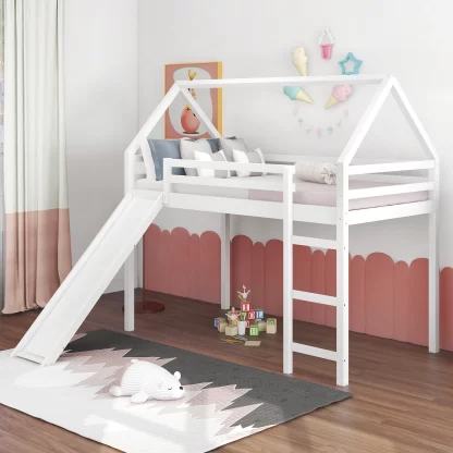 Kumix Twin Loft Bed with Slide, House Bed for Kids Teens Boys/Girls with Roof Full Length Guardrail and Ladder, Wood Loft Bed for Bedroom, Dorm, Space-Saving, No Box Spring Needed, White