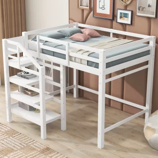 Kumix Loft Bed Full Size, Wood Loft Bed with Built-in Storage Staircase and Full Length Guardrail for Kids Teens Adults, Heavy Duty Loft Bed for Bedroom, Spacious Under Bed Space, Noise-Free, White
