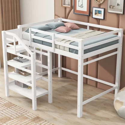 Kumix Loft Bed Full Size, Wood Loft Bed with Built-in Storage Staircase and Full Length Guardrail for Kids Teens Adults, Heavy Duty Loft Bed for Bedroom, Spacious Under Bed Space, Noise-Free, White