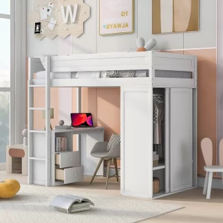 Kumix Loft Bed Twin Size with Desk, Wood Loft Bed with Wardrobes and 2 Drawers with Cabinet for Kids Teens Adults, Heavy Duty Loft Bed Frame for Bedroom, Space-Saving, No Box Spring Needed, White