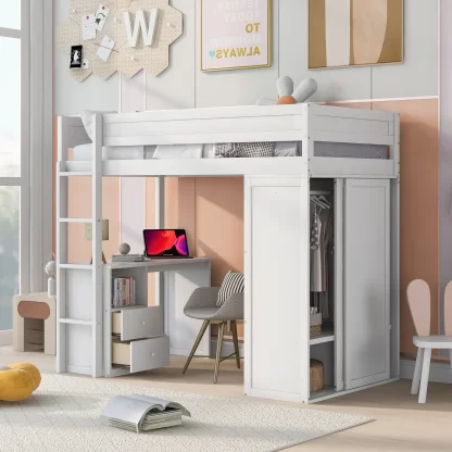 Kumix Loft Bed Twin Size with Desk, Wood Loft Bed with Wardrobes and 2 Drawers with Cabinet for Kids Teens Adults, Heavy Duty Loft Bed Frame for Bedroom, Space-Saving, No Box Spring Needed, White