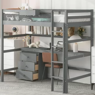 Kumix Loft Bed Twin Size with Desk, Wood Loft Bed with Blackboard, Storage Box, Shelf and 3 Drawers for Kids Teens Adults, Heavy Duty Loft Bed for Bedroom, Noise-Free, Space-Saving, Gray