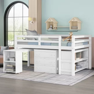 Kumix Loft Bed Full Size, Low Loft Bed with Drawers, Shelves Full Length Guardrail, Ladder and Rolling Portable Desk for Kids Teens Adults, Wood Loft Bed for Bedroom, Noise-Free, White