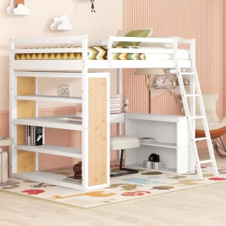 Kumix Loft Bed Full Size with Desk, Wood Loft Bed with Shelves, Drawer, Safety Guardrail, Ladder for Kids Teens Adults, Heavy Duty Loft Bed Frame for Bedroom, Space-Saving, Noise-Free, White
