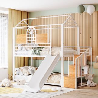 Kumix House Bunk Bed with Slide for Kids, Twin over Twin Metal Bunk Bed with Storage Stair, Full Length Guardrail and Ladder for Boys/Girls, Low Bed for Toddler, No Box Spring Needed, White
